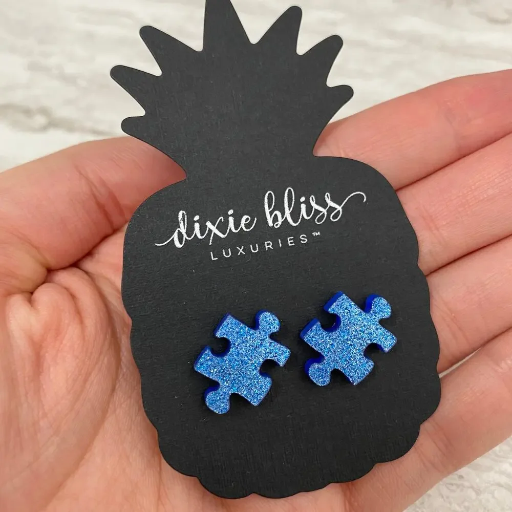 Dixie Bliss Autism Awareness Puzzle Piece Glitter Earrings Blue Hypoallergenic
